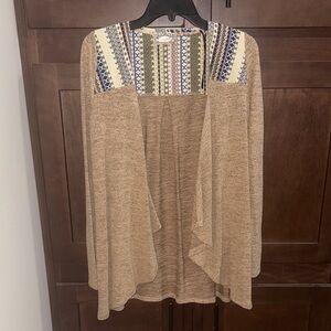 Elegant Tan Cardigan with Patterned Yoke